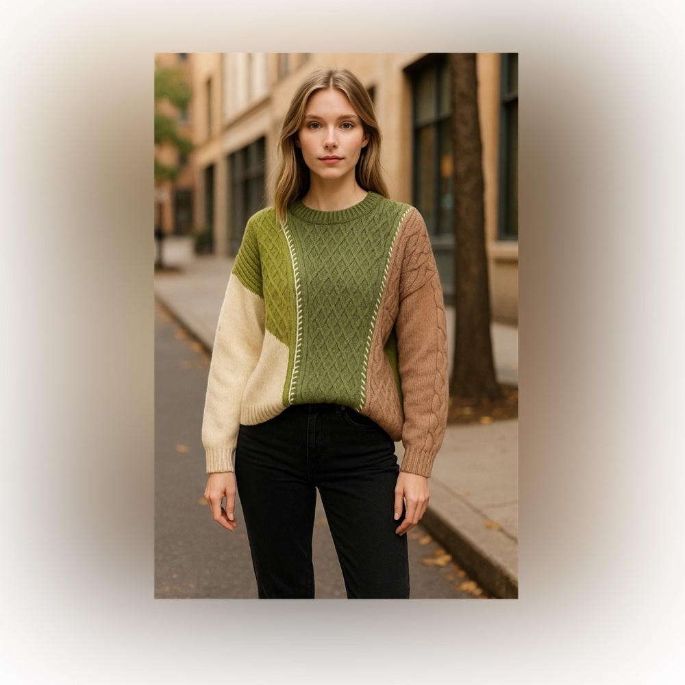 New In Colorblock Crop Sweater SZ S Women Cable Knit Long Sleeve Grunge Sporty